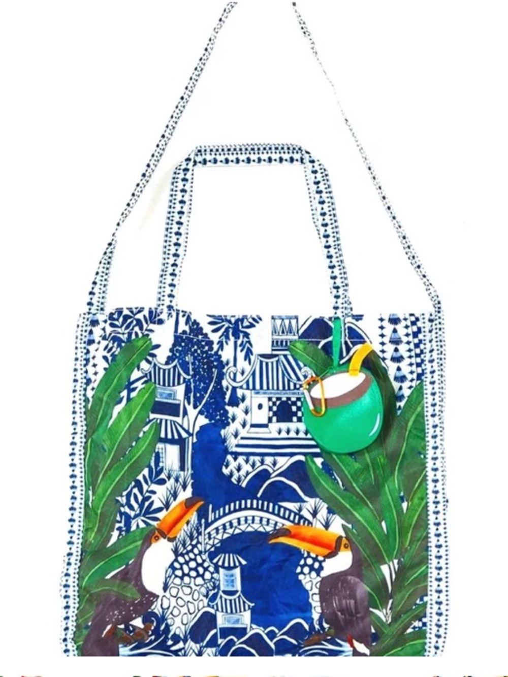 NEW FARM Rio Coconut Toucan Foldable Tote Bag w/ Detachable Carrying Case Pouch